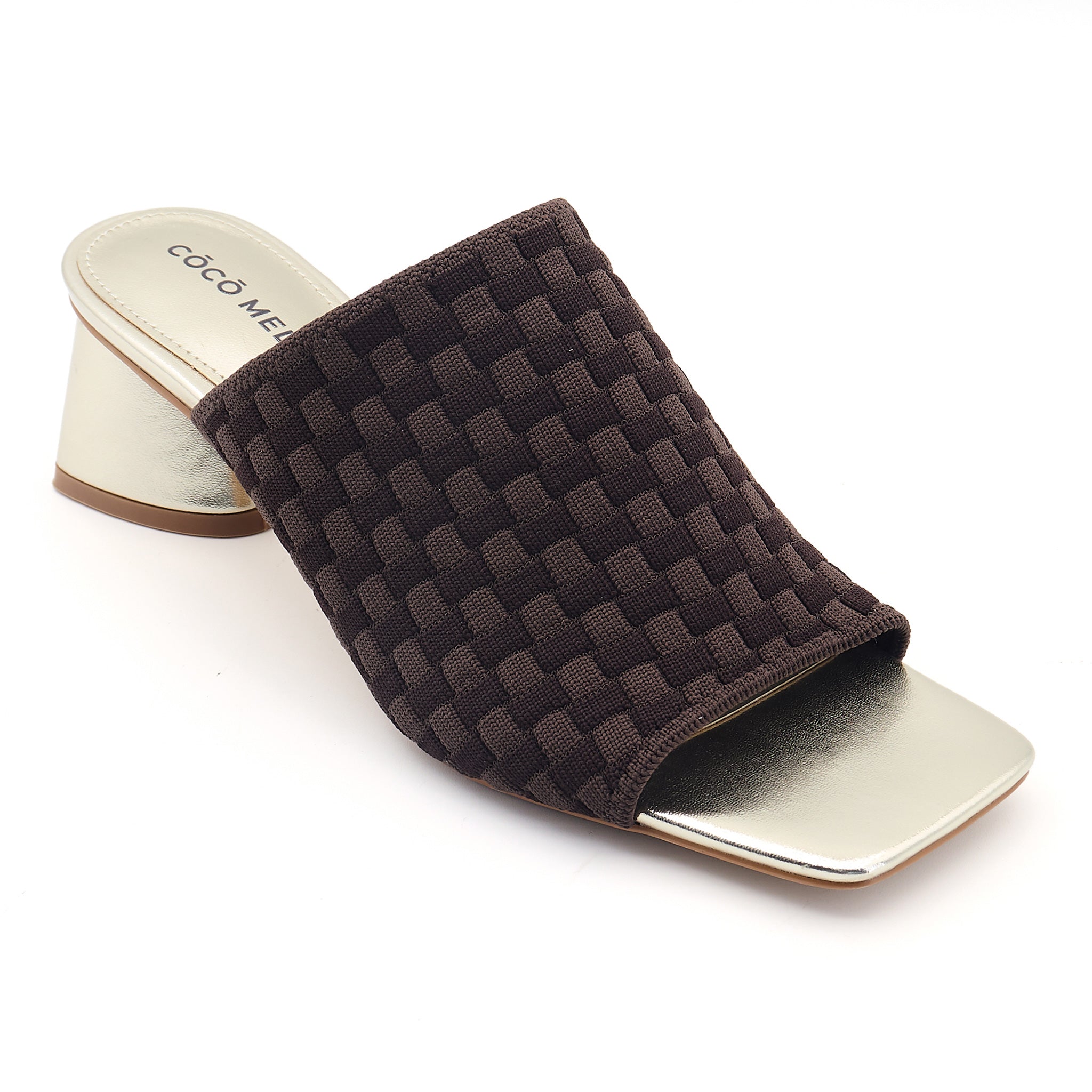 COCO MELA Chocolate Brown Knit Slide Sandals - Metallic Gold Block Heels for Women