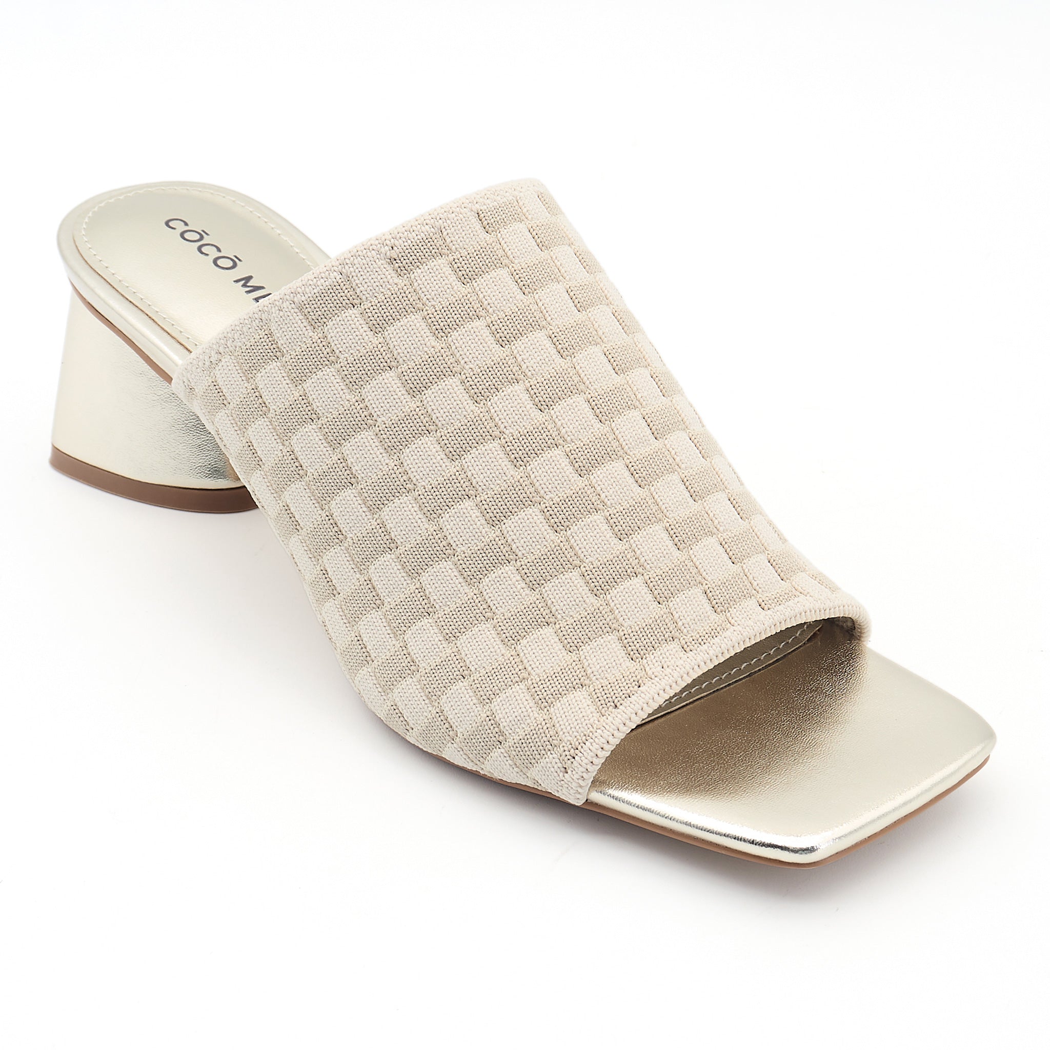 COCO MELA Cream Checkerboard Knit Slide Sandals - Metallic Gold Block Heels