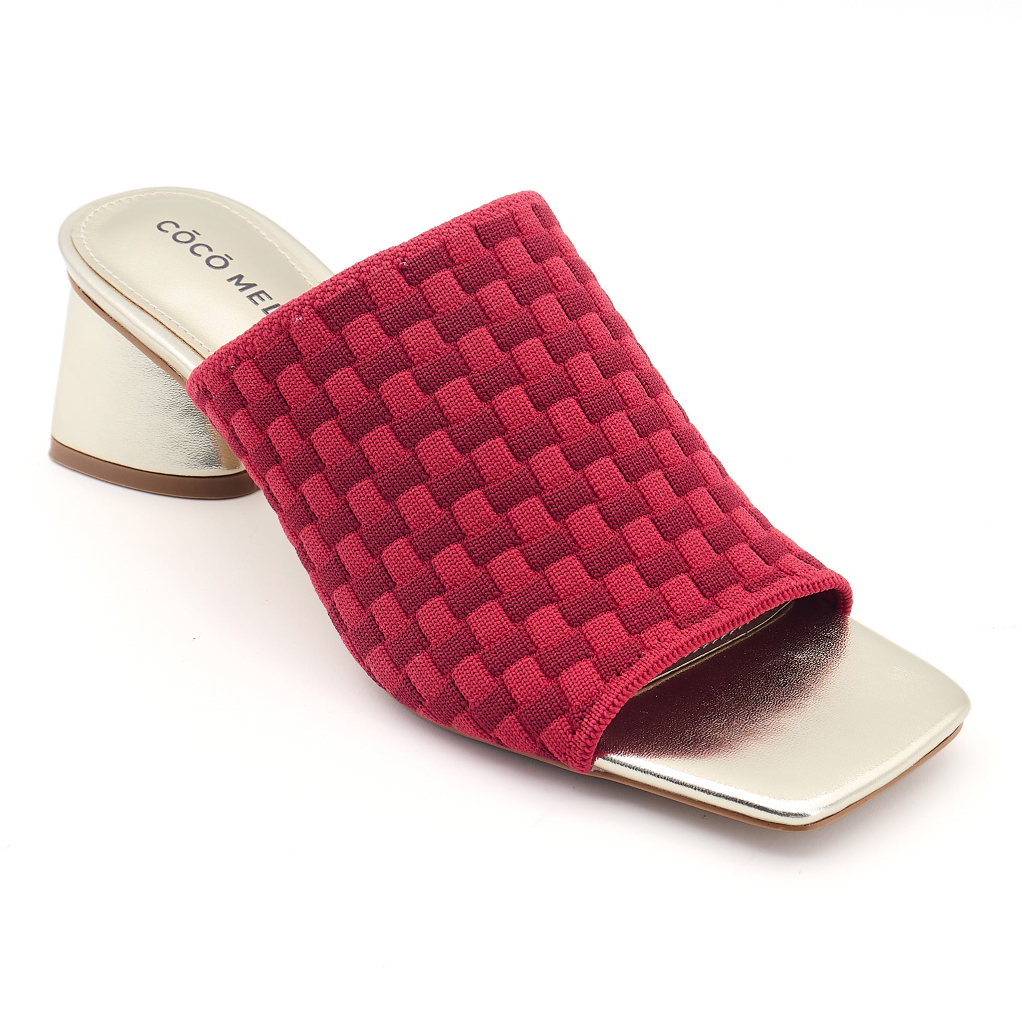 COCO MELA Dark Red Woven Mules - Elegant Gold Chunky High Heel Shoes