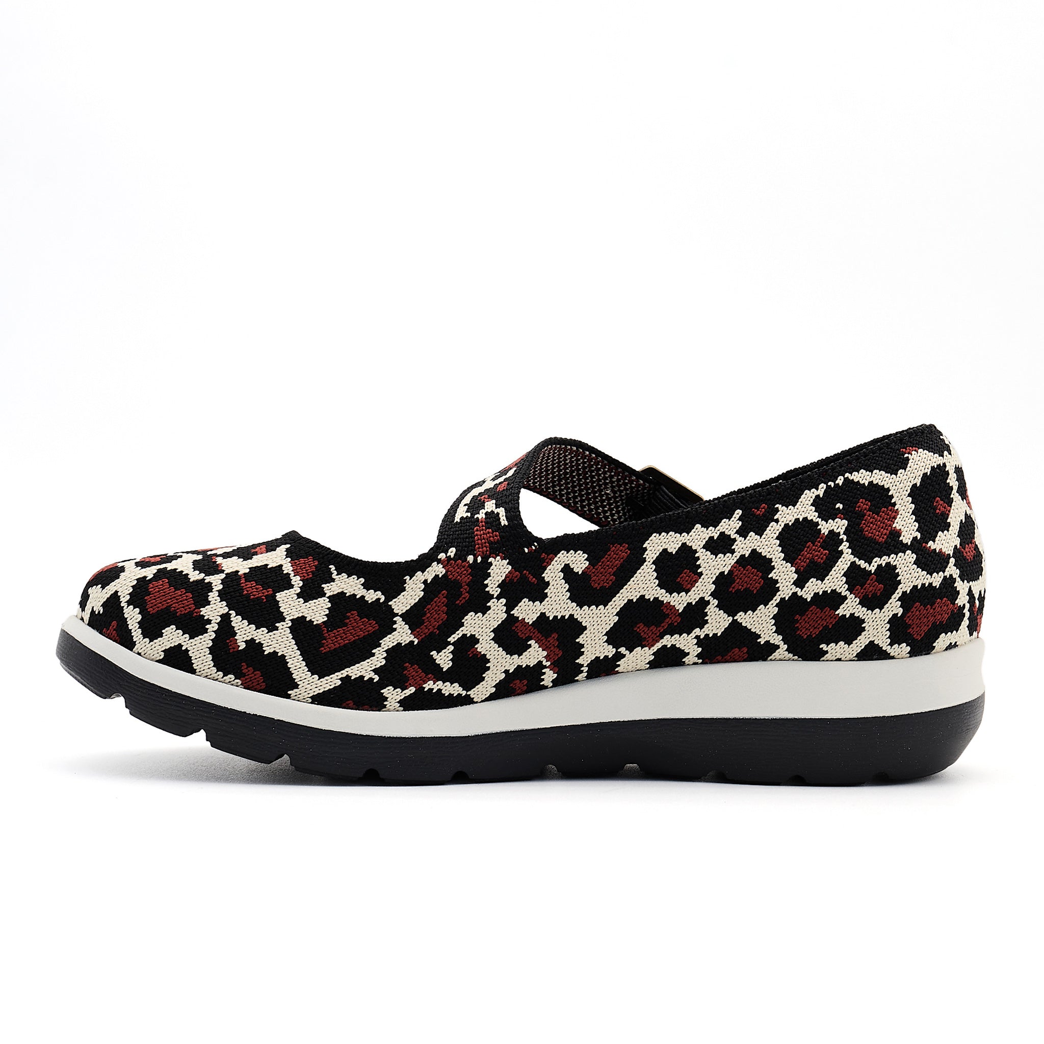 COCO MELA Leopard Print Knit Mary Janes - Comfortable Black & Beige Walking Sneakers for Women
