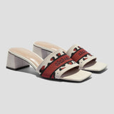 COCO MELA Women's Geometric Knit Square Toe Block Heel Mules - Retro Mid-Heel Slip-on Slide Sandals