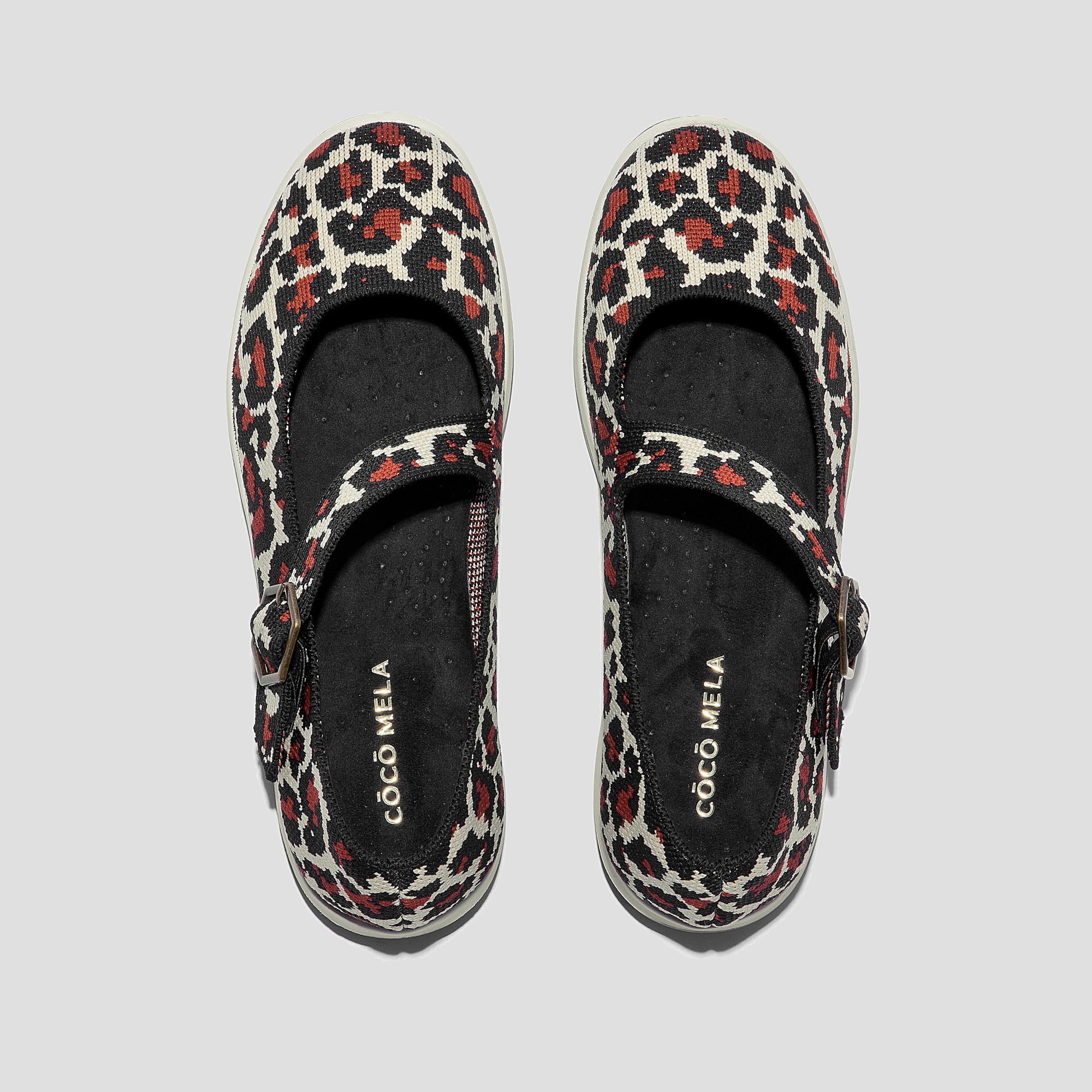 COCO MELA Leopard Print Knit Mary Janes - Comfortable Black & Beige Walking Sneakers for Women
