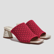 COCO MELA Dark Red Woven Mules - Elegant Gold Chunky High Heel Shoes