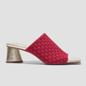 COCO MELA Dark Red Woven Mules - Elegant Gold Chunky High Heel Shoes