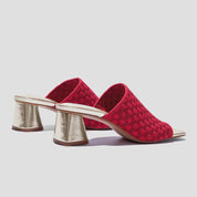 COCO MELA Dark Red Woven Mules - Elegant Gold Chunky High Heel Shoes