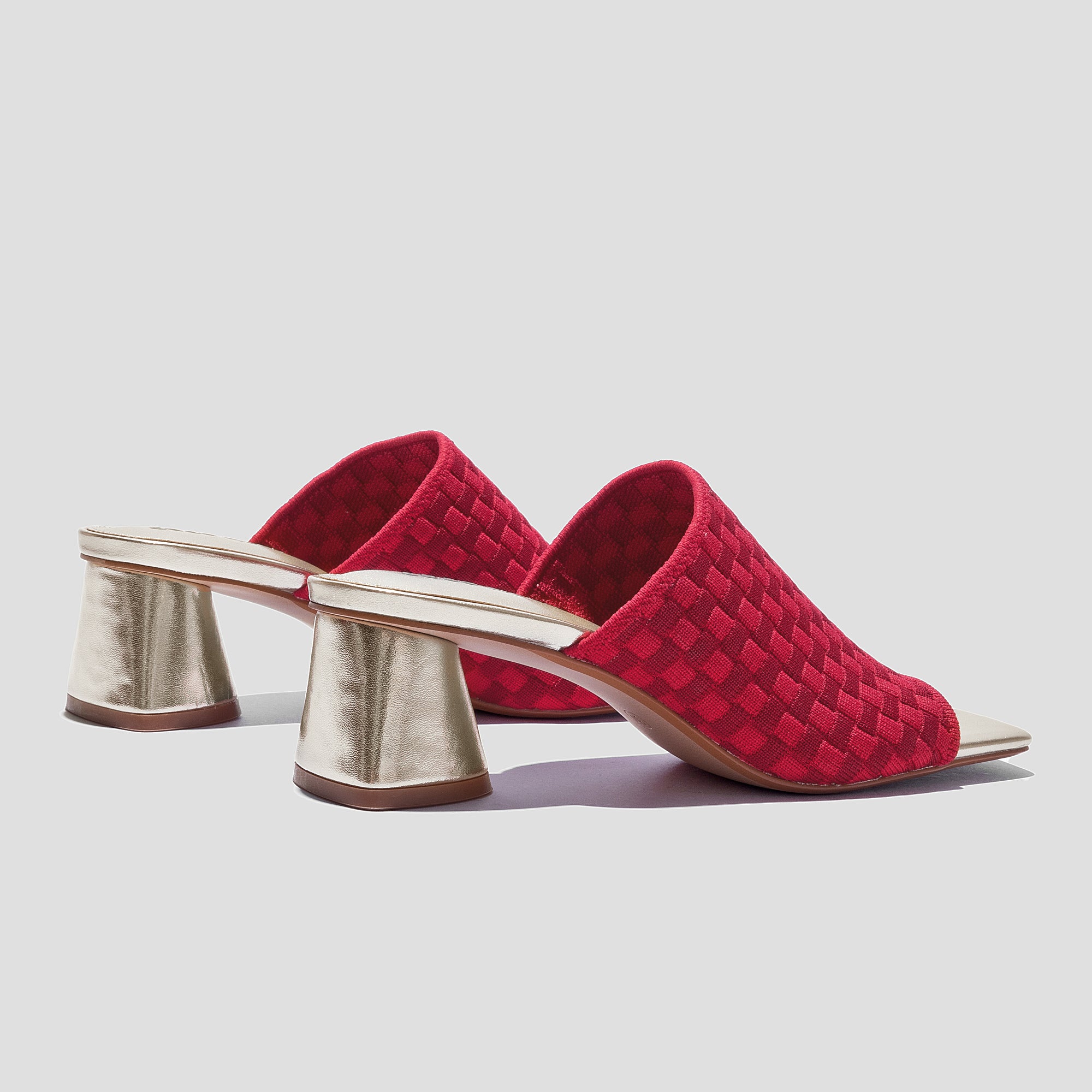 COCO MELA Dark Red Woven Mules - Elegant Gold Chunky High Heel Shoes