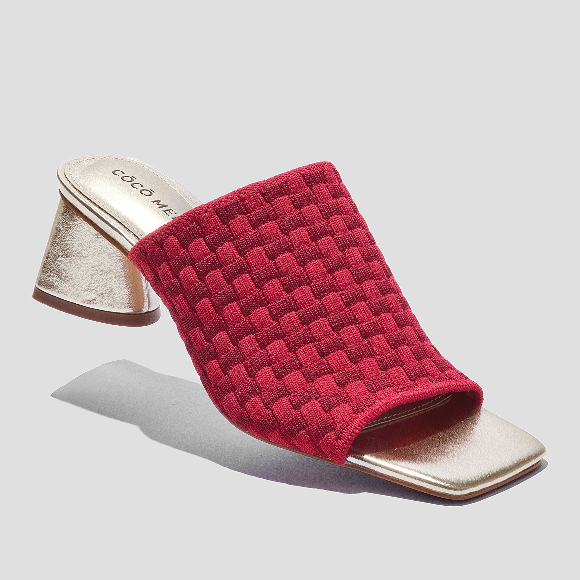 COCO MELA Dark Red Woven Mules - Elegant Gold Chunky High Heel Shoes