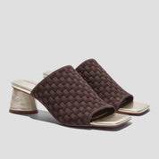 COCO MELA Chocolate Brown Knit Slide Sandals - Metallic Gold Block Heels for Women