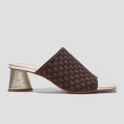 COCO MELA Chocolate Brown Knit Slide Sandals - Metallic Gold Block Heels for Women