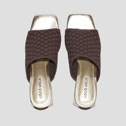 COCO MELA Chocolate Brown Knit Slide Sandals - Metallic Gold Block Heels for Women