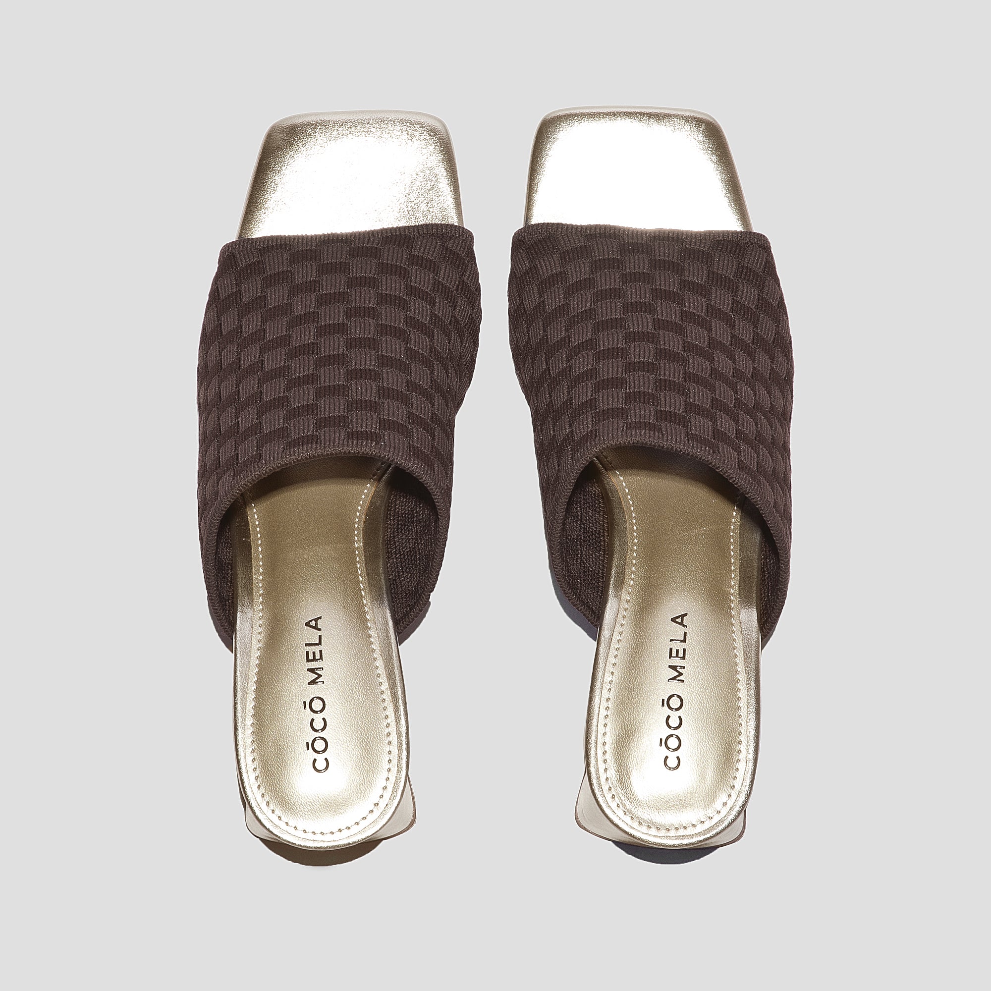 COCO MELA Chocolate Brown Knit Slide Sandals - Metallic Gold Block Heels for Women