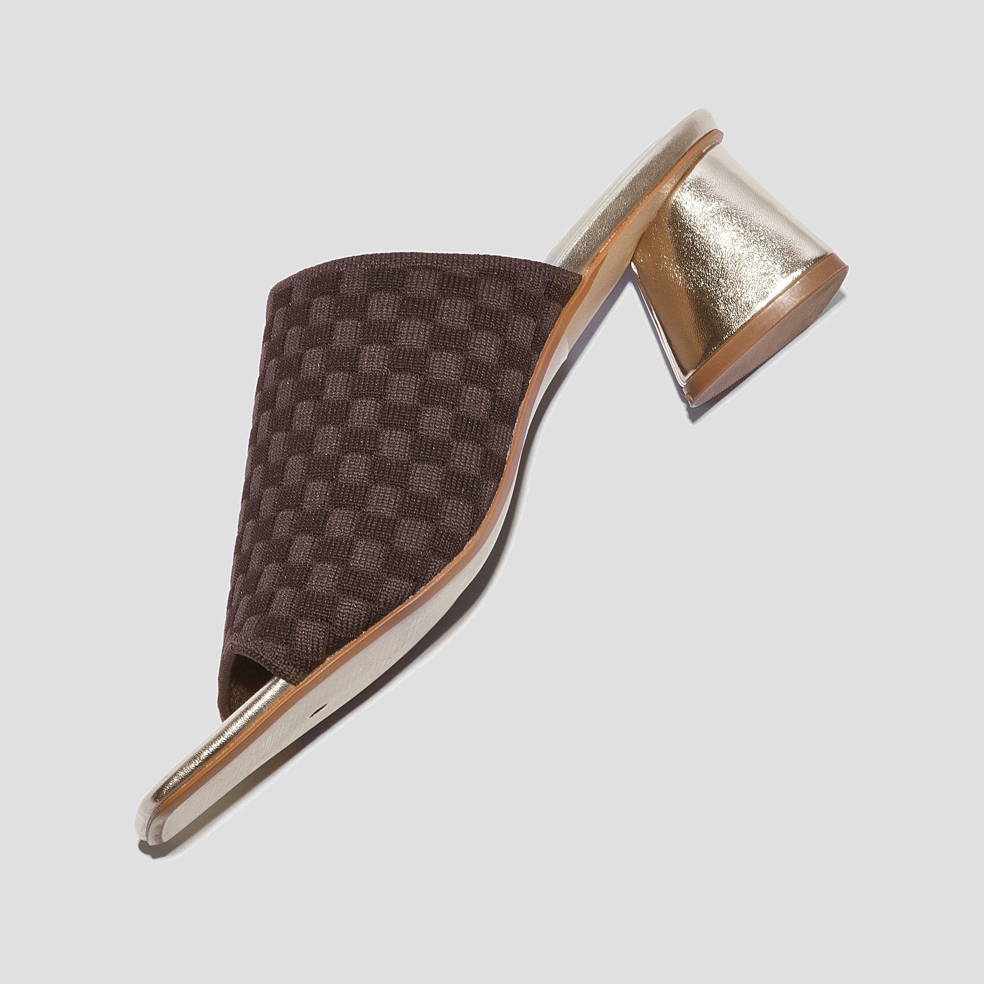 COCO MELA Chocolate Brown Knit Slide Sandals - Metallic Gold Block Heels for Women