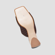 COCO MELA Chocolate Brown Knit Slide Sandals - Metallic Gold Block Heels for Women