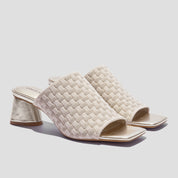COCO MELA Cream Checkerboard Knit Slide Sandals - Metallic Gold Block Heels