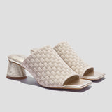 COCO MELA Cream Checkerboard Knit Slide Sandals - Metallic Gold Block Heels