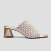 COCO MELA Cream Checkerboard Knit Slide Sandals - Metallic Gold Block Heels