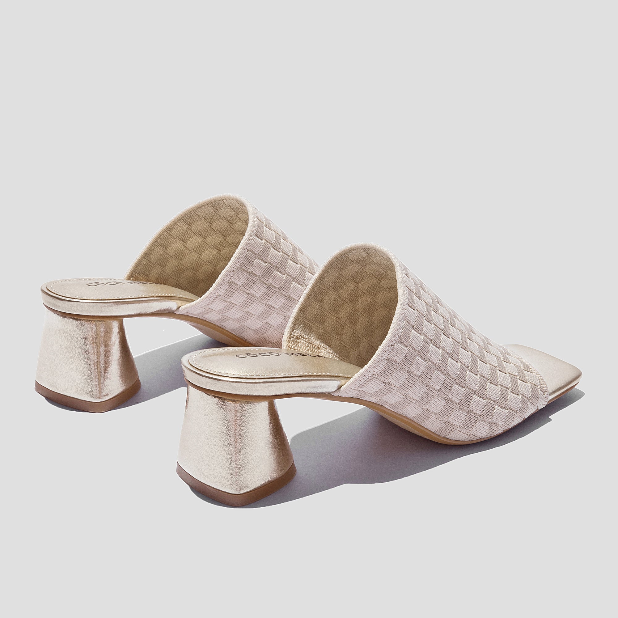 COCO MELA Cream Checkerboard Knit Slide Sandals - Metallic Gold Block Heels