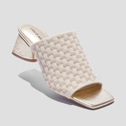COCO MELA Cream Checkerboard Knit Slide Sandals - Metallic Gold Block Heels