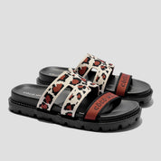 COCO MELA Animal Pattern Knit Platform Slides - Red Leopard Colorblock Sandals for Women