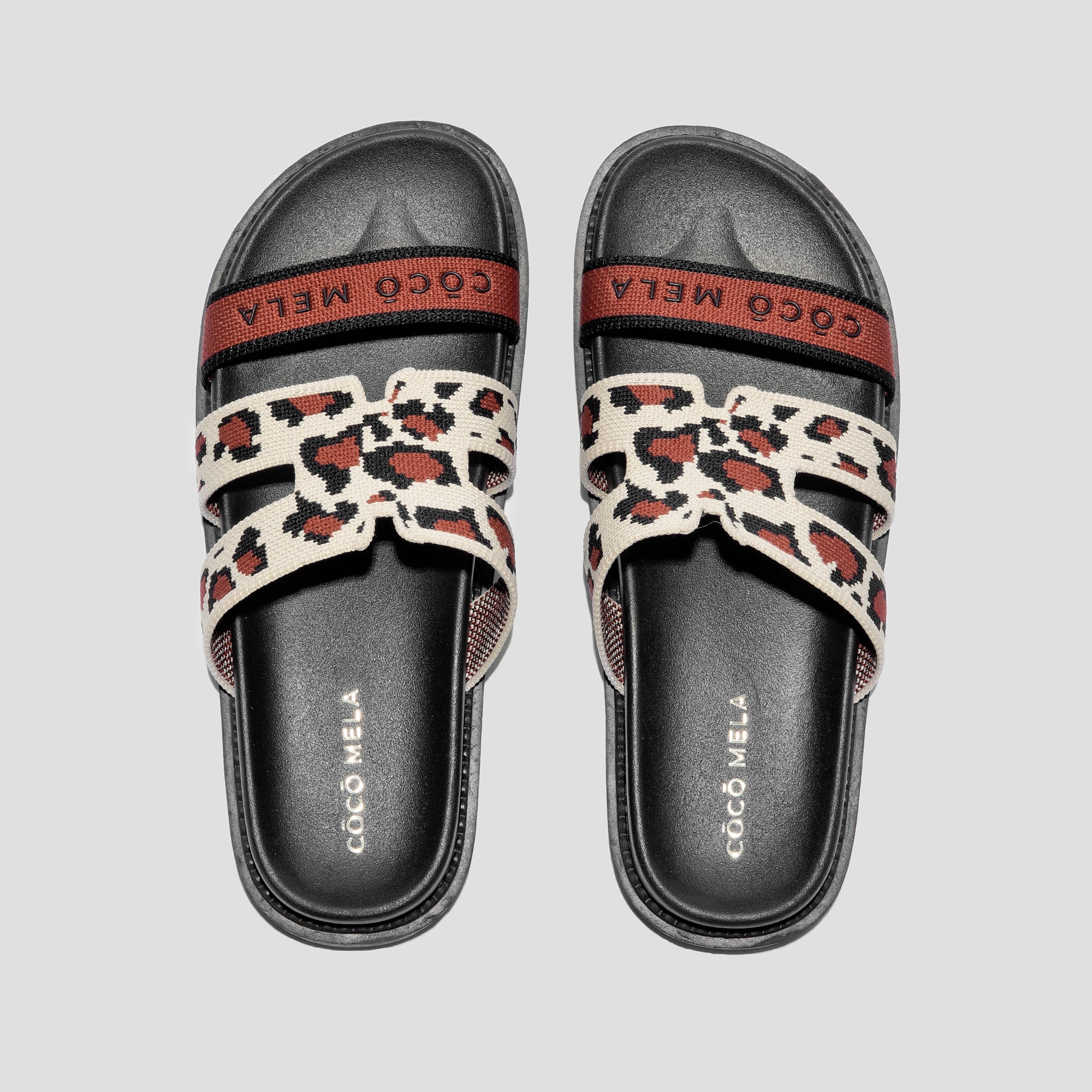 COCO MELA Animal Pattern Knit Platform Slides - Red Leopard Colorblock Sandals for Women
