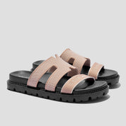 COCO MELA Nude Pink Knit H-Strap Slides - Comfortable Black Platform Flat