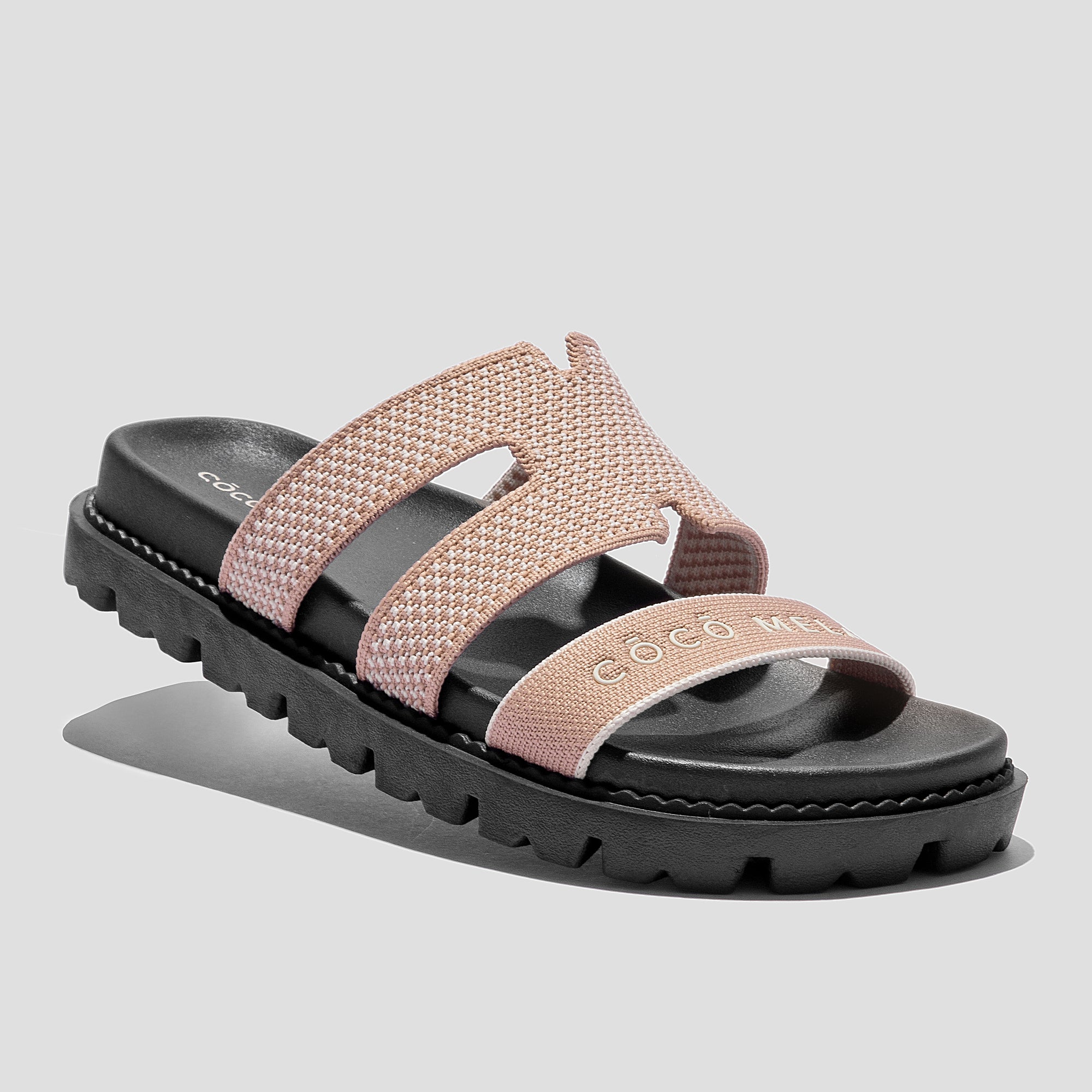 COCO MELA Nude Pink Knit H-Strap Slides - Comfortable Black Platform Flat