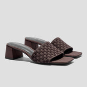 COCO MELA Women's Woven Square Toe Mules - Dark Brown Block Heel Sandals
