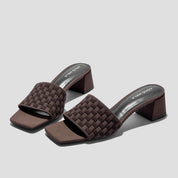 COCO MELA Women's Woven Square Toe Mules - Dark Brown Block Heel Sandals