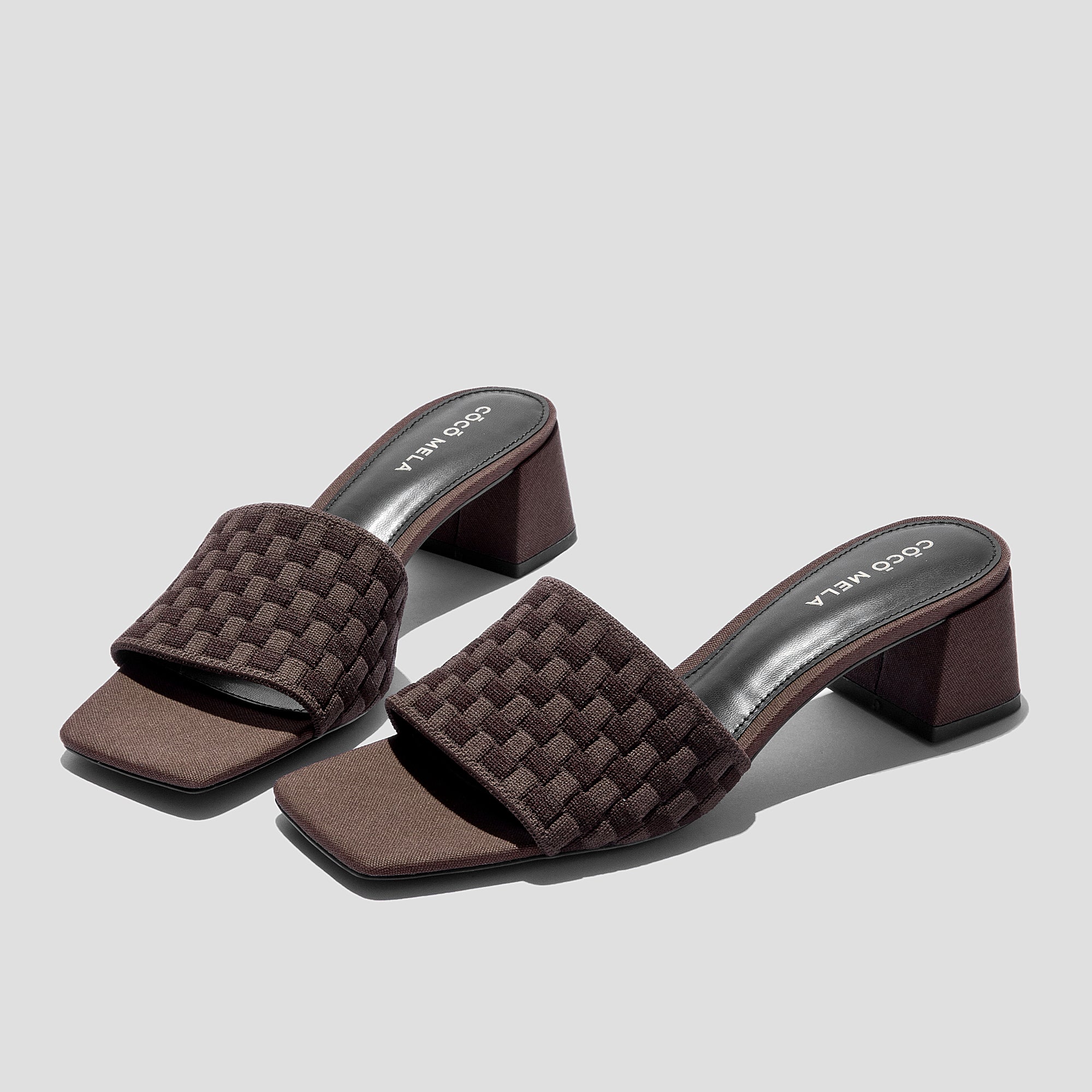 COCO MELA Women's Woven Square Toe Mules - Dark Brown Block Heel Sandals