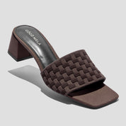 COCO MELA Women's Woven Square Toe Mules - Dark Brown Block Heel Sandals