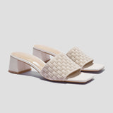 COCO MELA Beige Checkerboard Knit Block Heels with Square Toe for Women