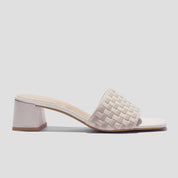 COCO MELA Beige Checkerboard Knit Block Heels with Square Toe for Women
