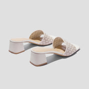 COCO MELA Beige Checkerboard Knit Block Heels with Square Toe for Women