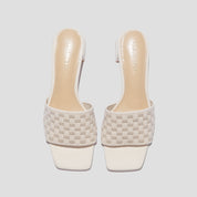 COCO MELA Beige Checkerboard Knit Block Heels with Square Toe for Women