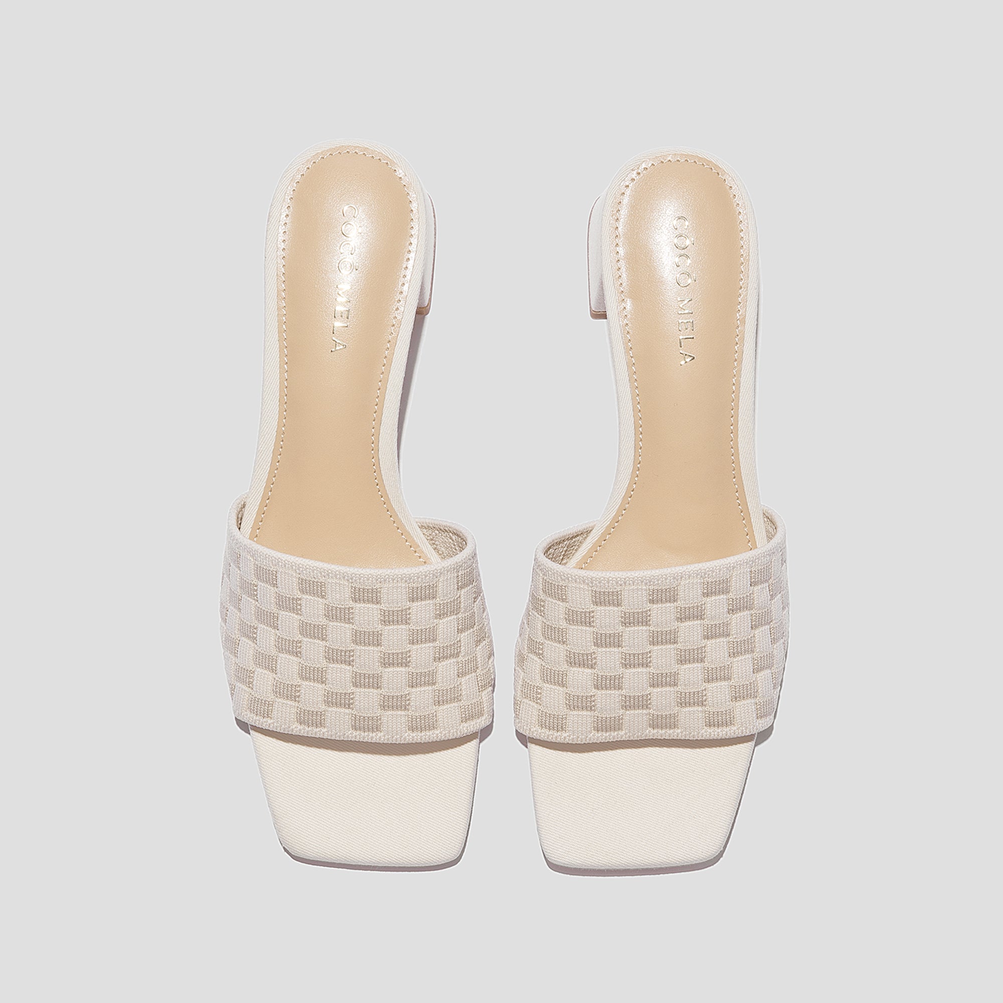 COCO MELA Beige Checkerboard Knit Block Heels with Square Toe for Women