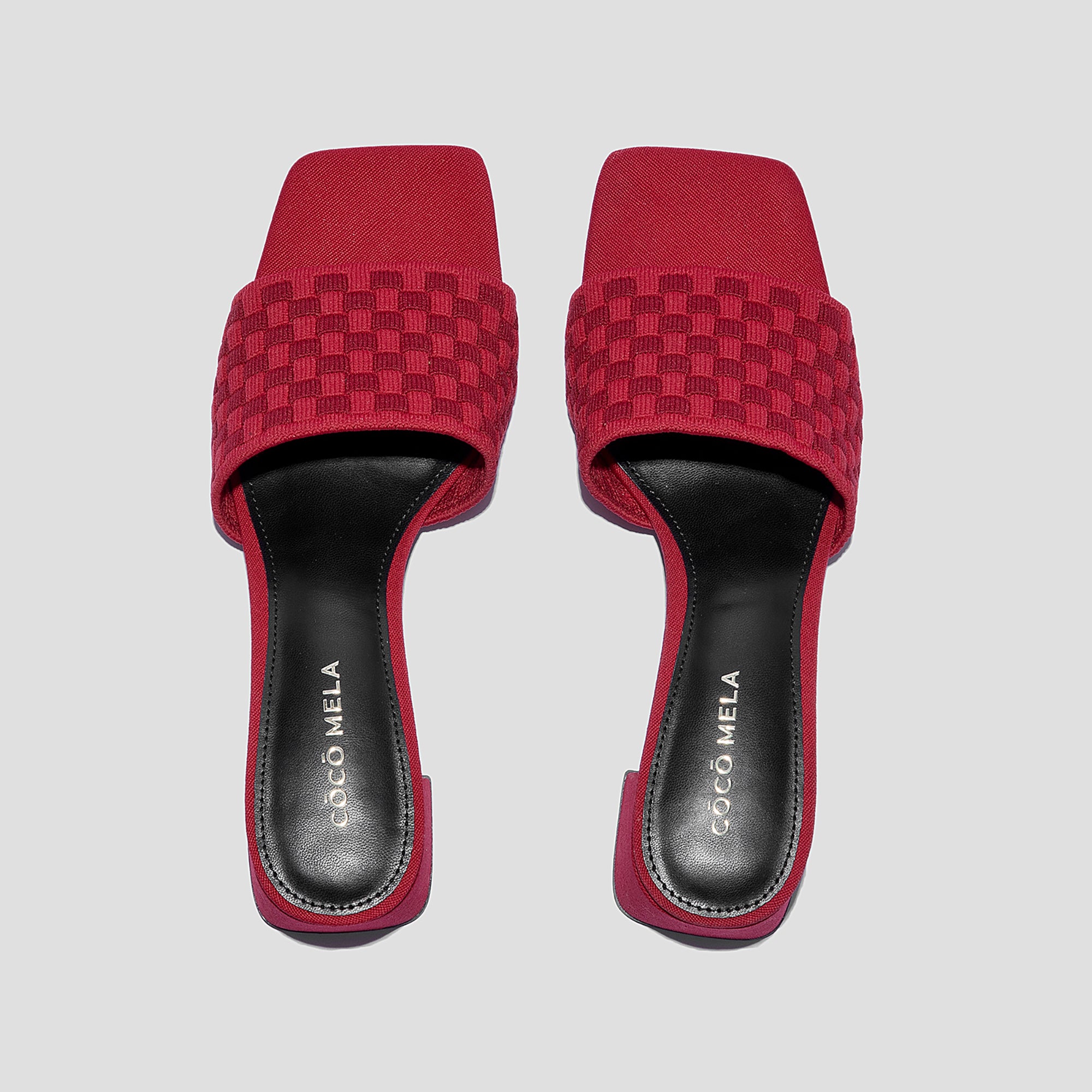 COCO MELA Berry Red Intrecciato Weave Block Heels with Square Toe